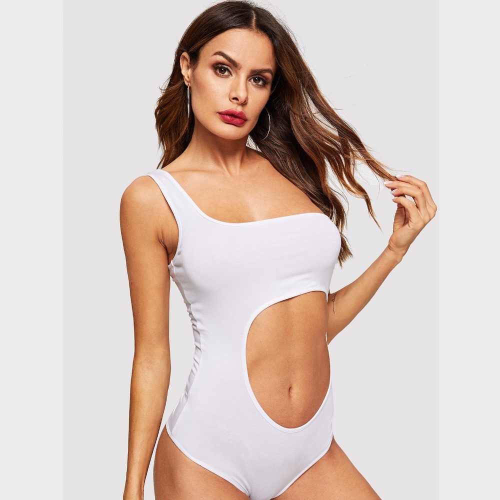 White Cut Out Asymmetrical One Shoulder Bodysuit - Picture 2 of 6